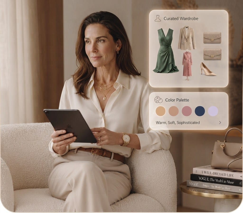 A woman using her personal AI stylist on a tablet