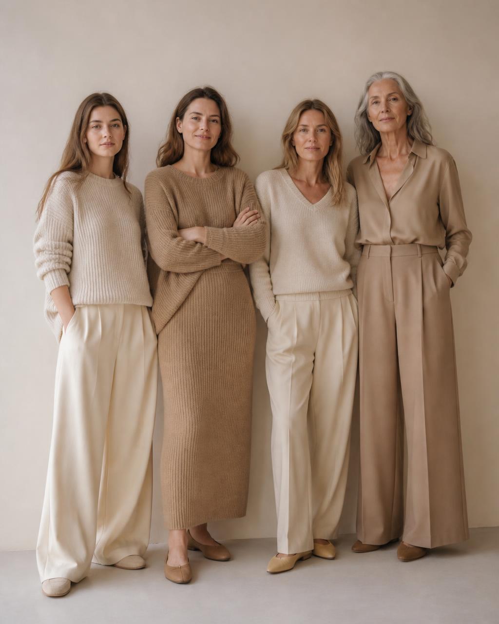 Four women aged 18–29, 30–39, 40–49 and 50+ wearing tonal, stylish outfits